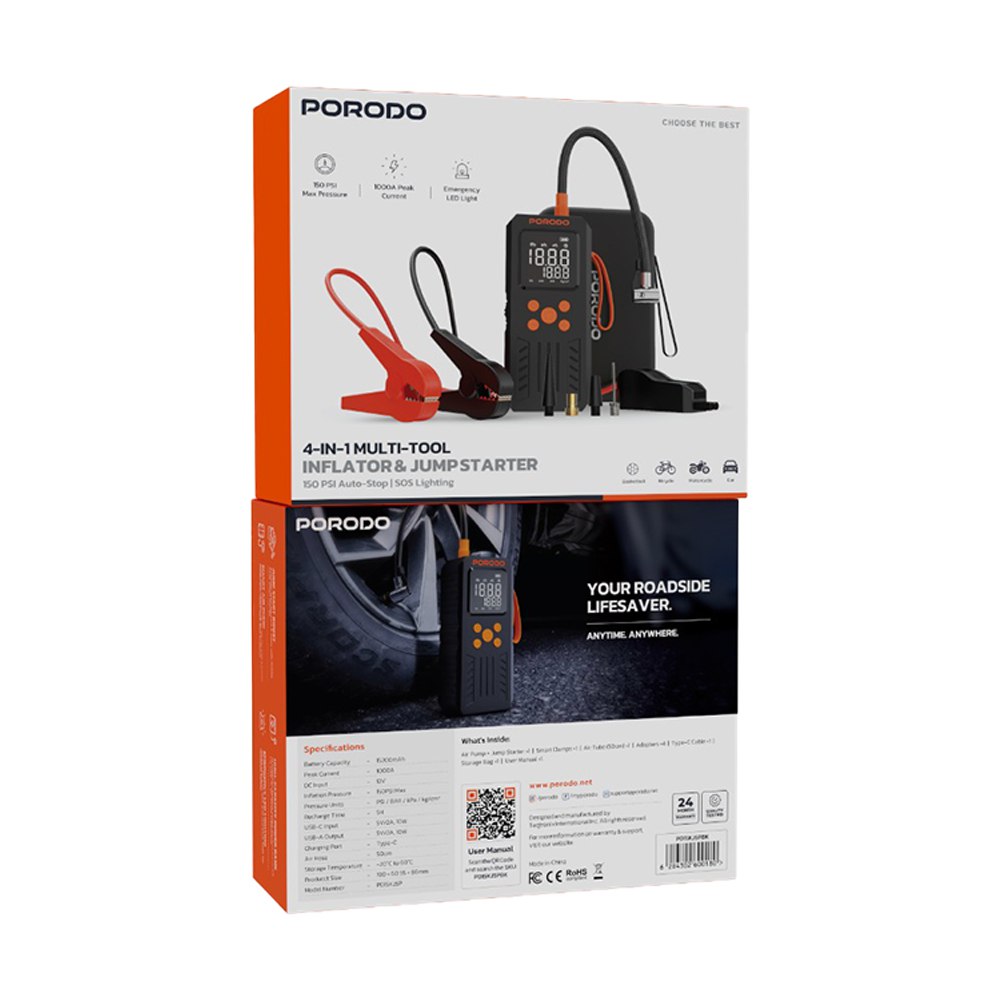 جامپ استارت و پمپ باد پرودو Porodo 4-In-1 Multi-Tool Inflator & Jump Starter PD15KJSPBK